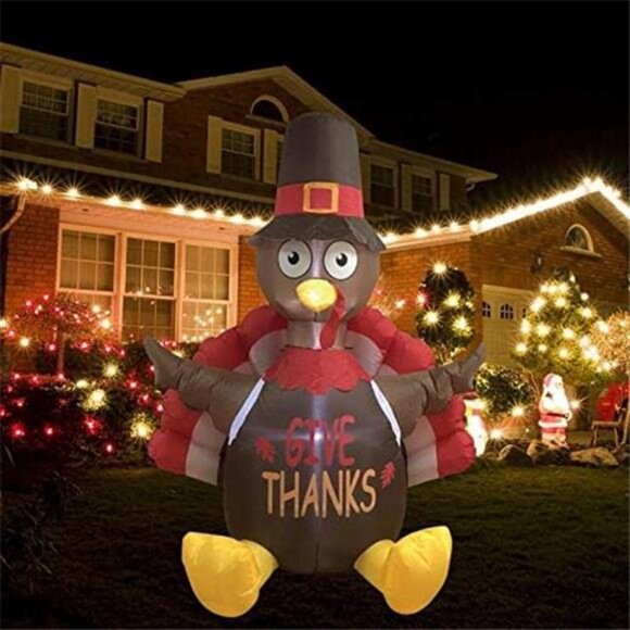 6 FT Thanksgiving Inflatable Sitting Turkey, Blow up Lighted Turkey - Picture 1 of 7